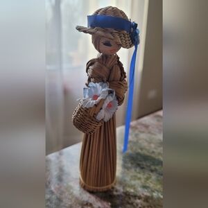 Vintage Handmade Straw Doll Holding Basket with Artifial Flowers